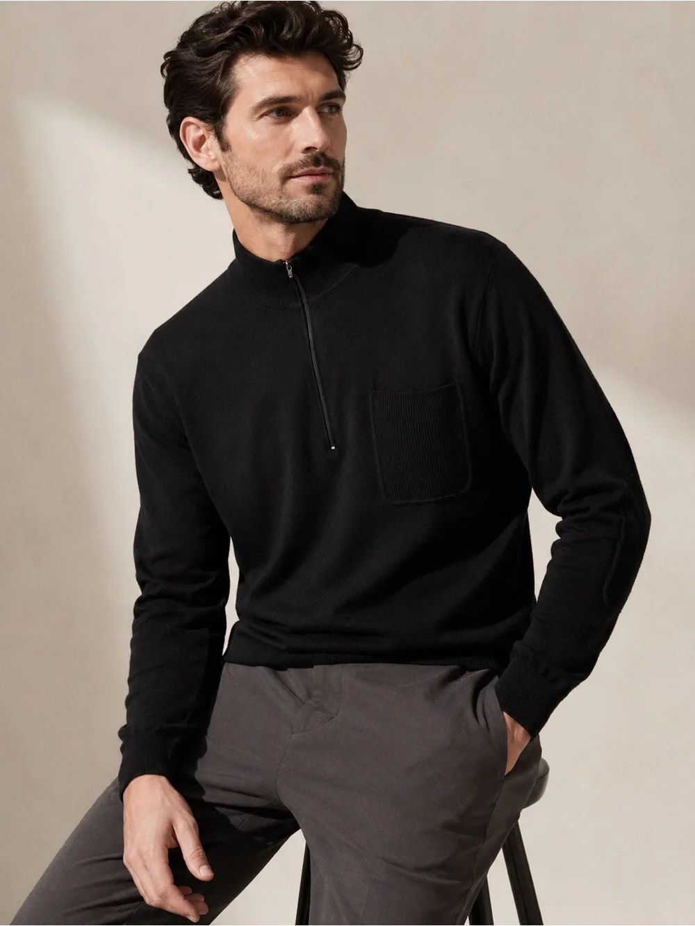 Como Sport Merino Wool Silk Quarter Zip Mock Neck Sweater Black Italy M